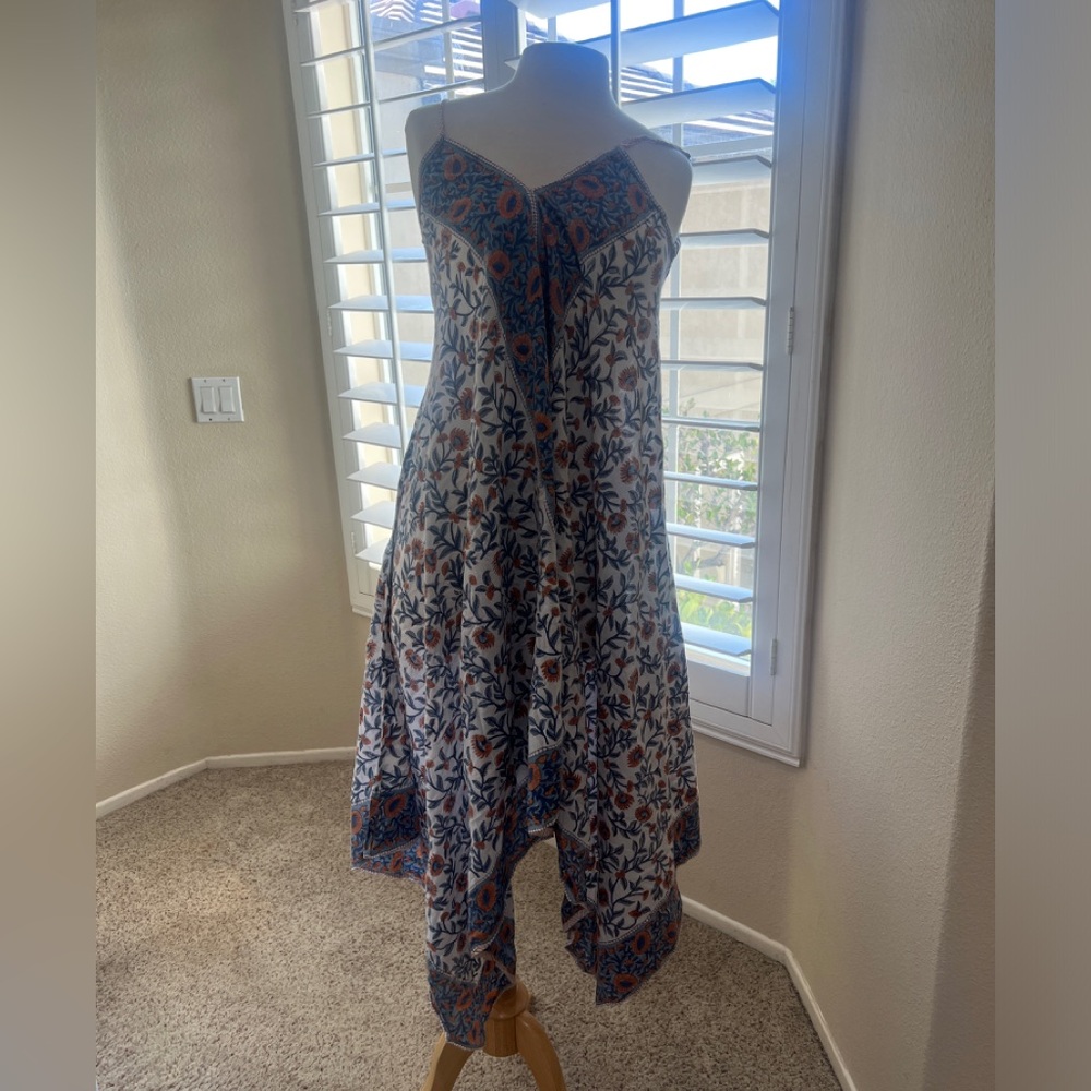 HANKY HEM Handkerchief FLORAL COT BOHO TROPICAL SUMMER BEACH Dress INDIAN M/L